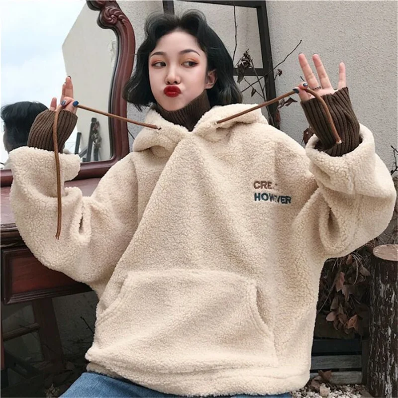 

Women Hoodies Lamb Wool Fake Two-piece Hooded Sweatshirts 2022 Knitted Halter Tops Coats Ladies Winter Autumn Warm Pullovers