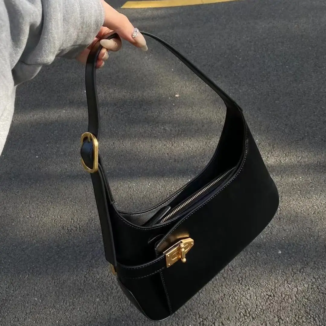 Y2K Vintage Korean Casual Black PU Leather Shoulder Underarm Tote Bag Ladies Sling Bags Hobos Zip Purses Bagutte Handbags Women
