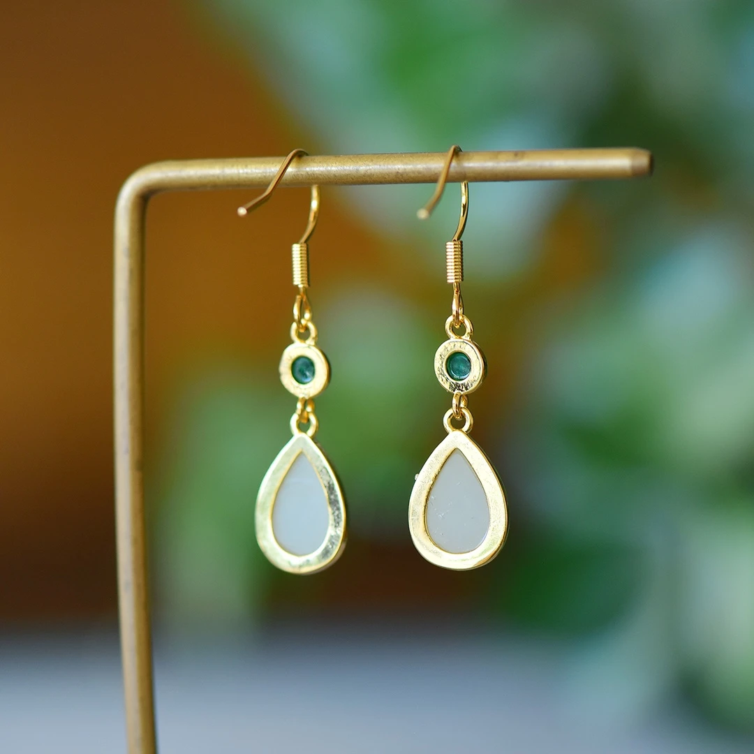 Серьги-подвески из натурального нефрита с белым нефритом женские ювелирные