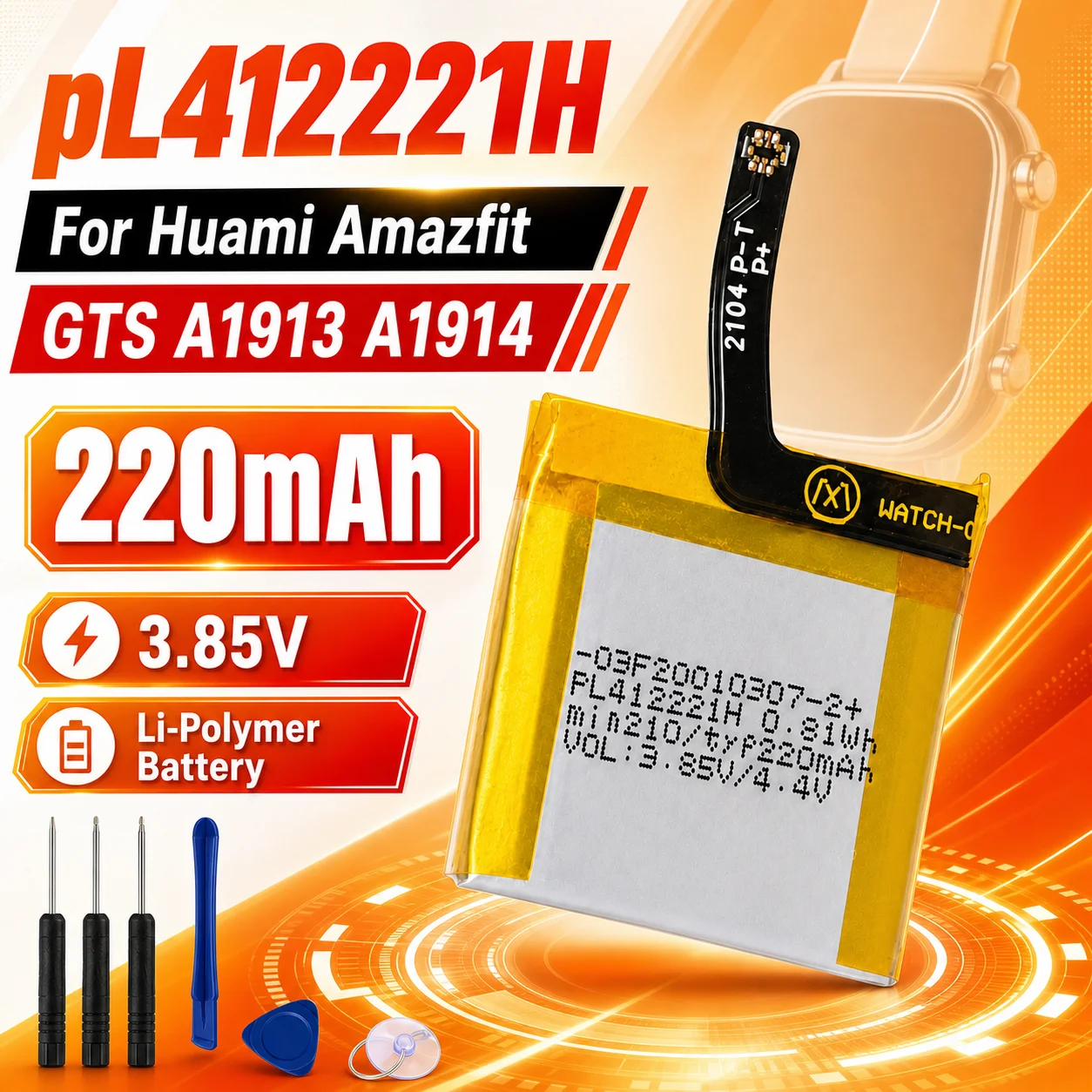 Фото Сменная батарея для умных часов PL412221H 412221 220 мАч для Huami Amazfit GTS A1913 A1914 с бесплатным набором инструментов №1
