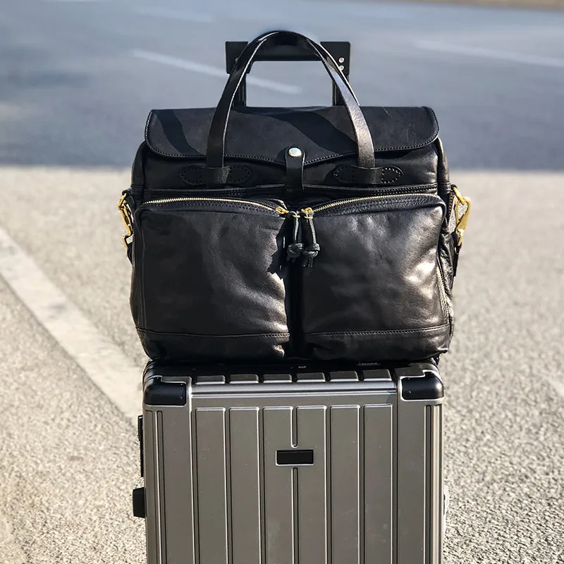 Simple casual high quality natural genuine leather men's black portable 13 inch computer bag daily work office lawyer briefcase