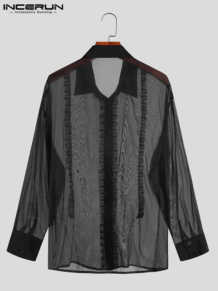 INCERUN Tops 2022 American Style Men Fashion Lace Thin Blouse Casual Well Fitting Male See-through Mesh Long Sleeve Shirts S-5XL