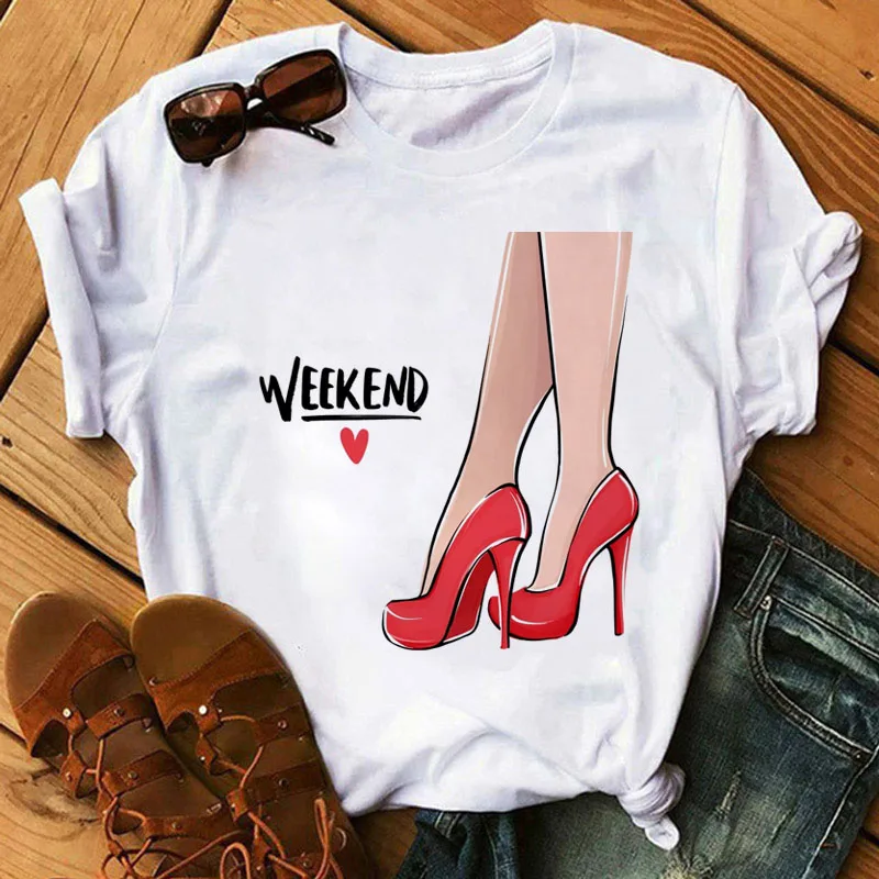 

Monday Heels Print T Shirt Women Fashion Short Sleeve Black Tshirt Cute Tee Shirts Female O-neck Graphic Tops Woman Funny Tshirt