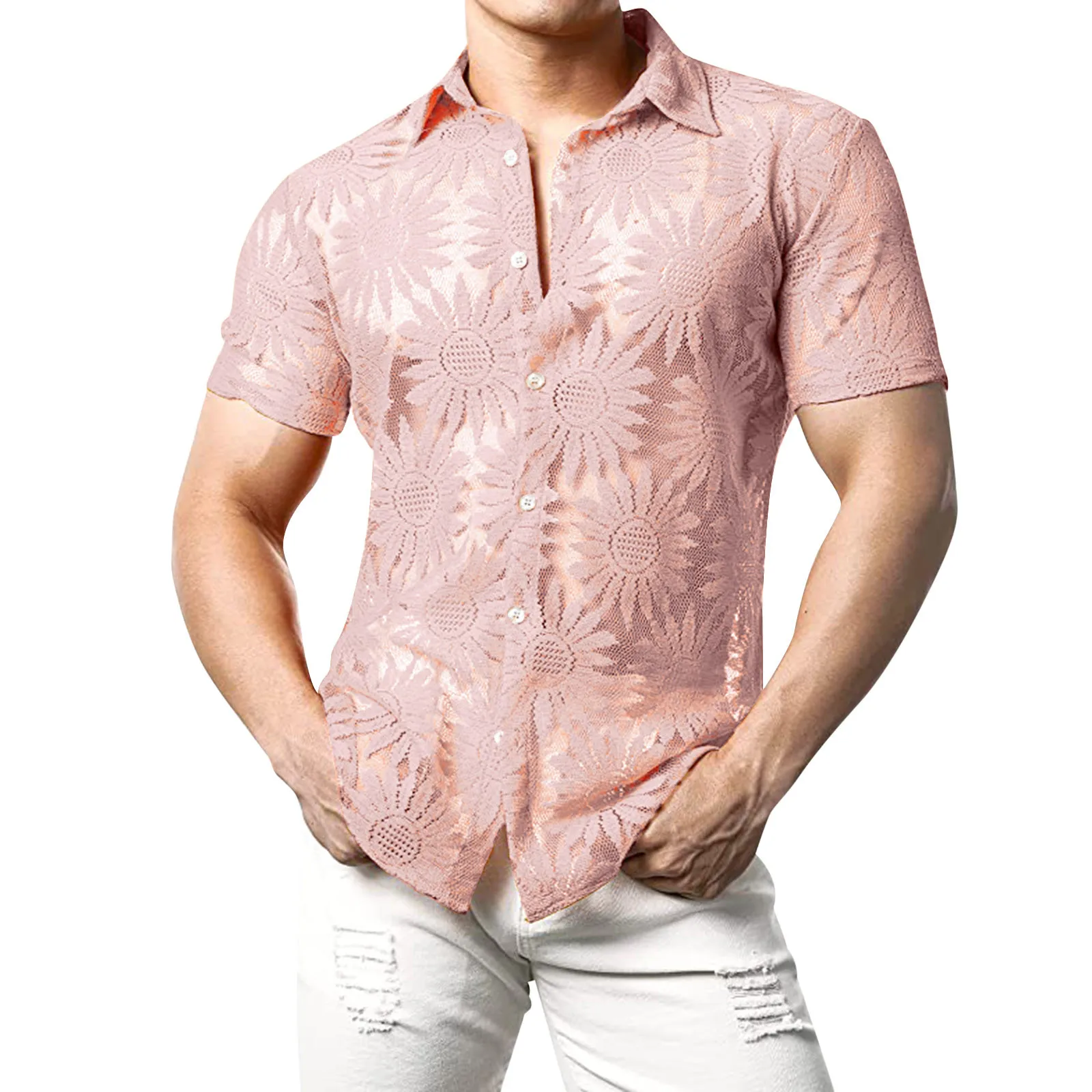 

Гавайские рубашки с цветочным принтом, Просвечивающая рубашка с воротником с лацканами, мужские рубашки, тонкие рубашки с коротким рукавом, мужские эротические Блузы 2023