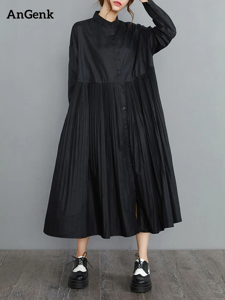 

Pleated Shirt Dresses For Women Long Sleeve Stand Collar Loose Casual Vintage Dress Fashion Elegant Clothing Spring Autumn 2022