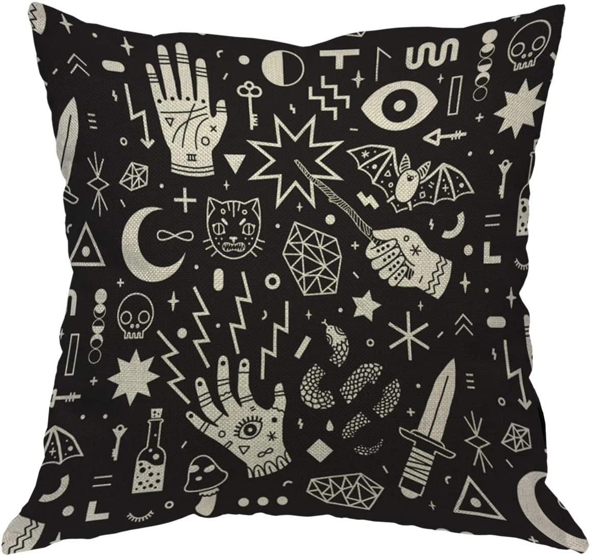 

Throw Pillow Cover Witchcraft 18x18 Inch Magical Style Hand Eyes Moon Skull Cat Bat Snake Key Square Pillow Case Cushion Cover