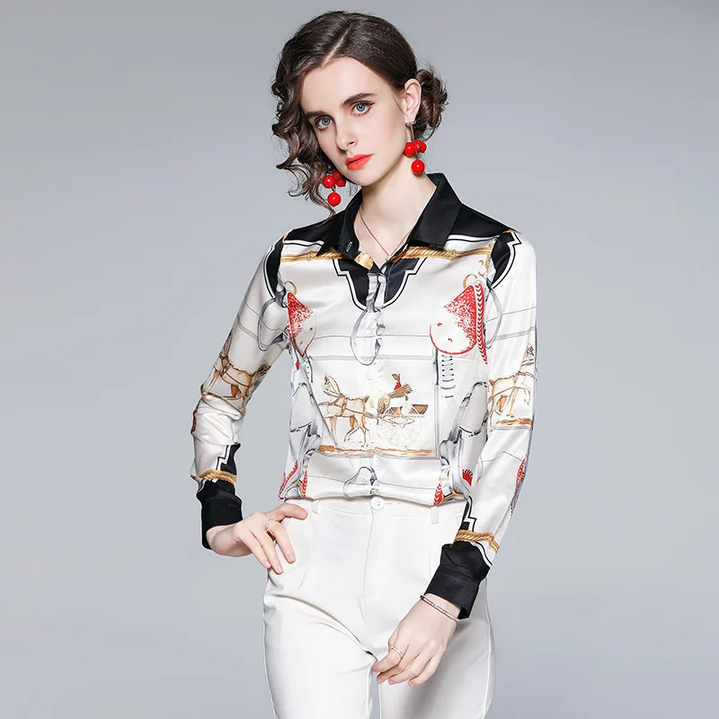 

Шифоновая женская блузка, свободная рубашка-поло для девочек, летняя Модная Повседневная рубашка с длинным рукавом и принтом, женская одежд...