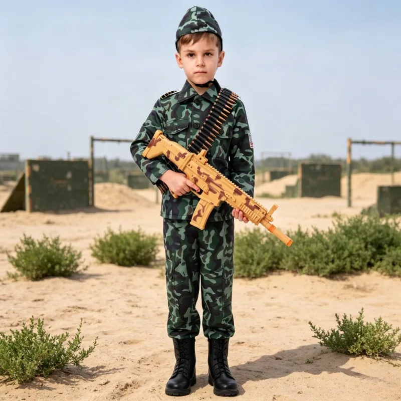 Фото Костюм солдата для мальчиков и девочек, армейская камуфляжная форма с шляпой, подходит для Хэллоуина, школьных выступлений и костюмированных вечеринок. №1