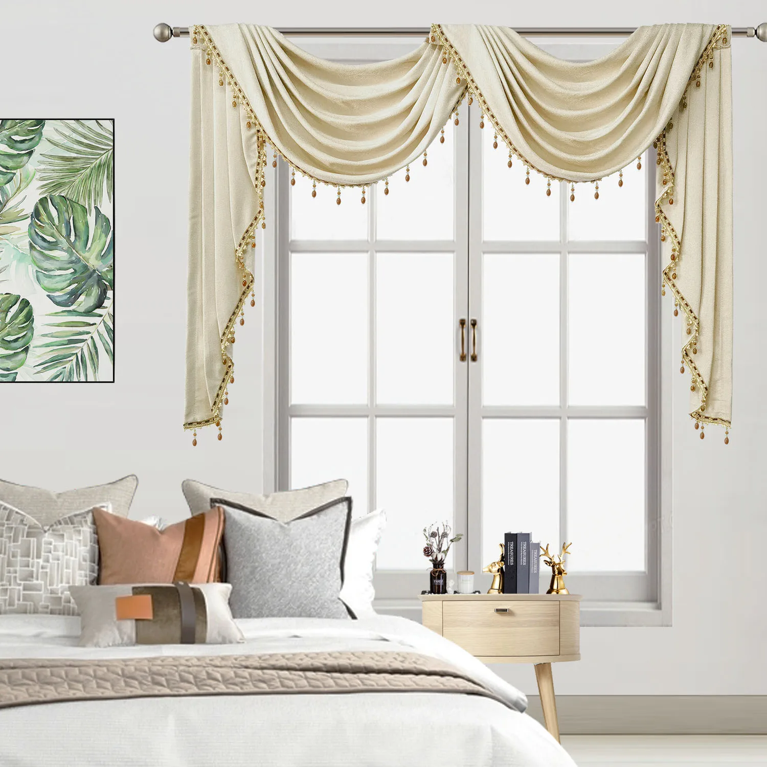

Modern Style Polyester Fabric Beige Valance Waterfall Swag for Living Room Luxury Window Treatment for Bedroom Rod Pocket M258