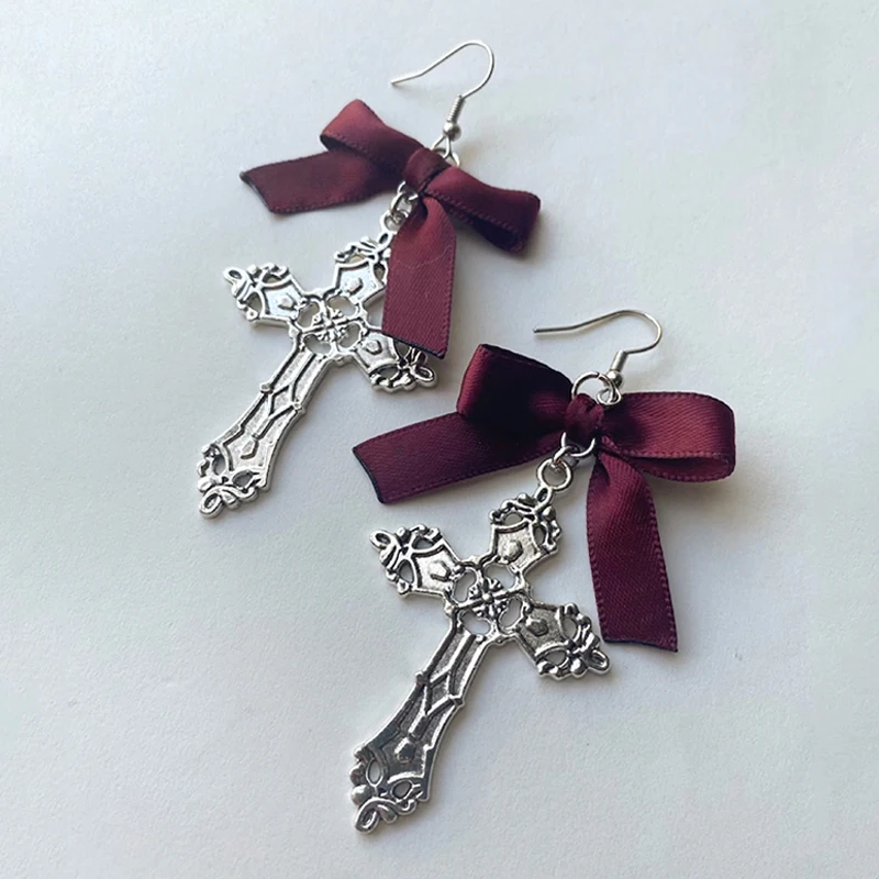 

Goth Harajuku Accessories Bowknot Earrings Cross Charms Drop Earrings for Women Korean Fashion Jewelry Punk Grunge Earrings