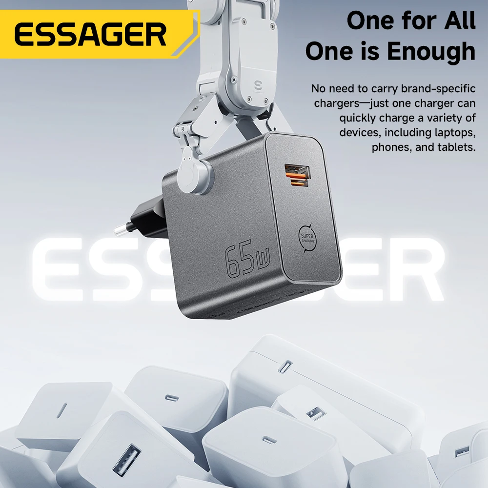 Фото Зарядное устройство ESSAGER 65W GaN 2-в-1 USB Type-C: полностью совместимое, быстрая зарядка для iPhone 17, Samsung S26, MacBook, ноутбуков Huawei №3