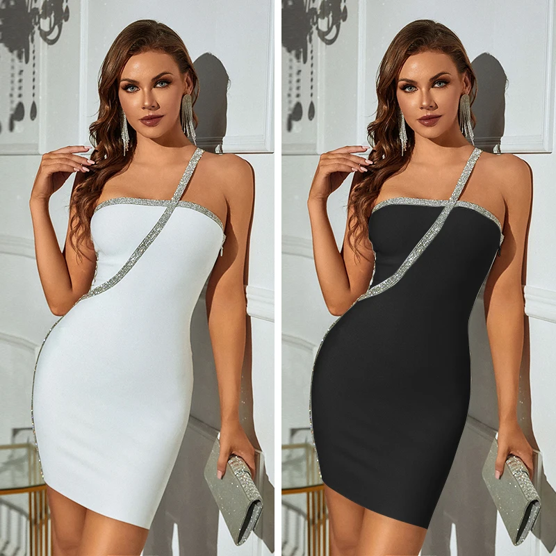 

Black White Women Sexy Halter Bodycon Mini Dress Rayon Bandage Fashion Nightclub Bar Singer Celebrate Party Dress Wholesale
