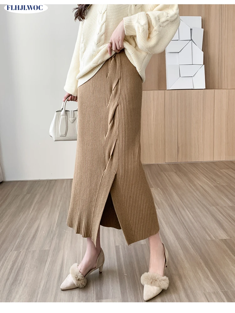 

Hot Sales Women Ruffles All-Match One Step Split Slit Skirt Cute Japan Chic Korea Elastic High Waist Black Long Knitted Skirts
