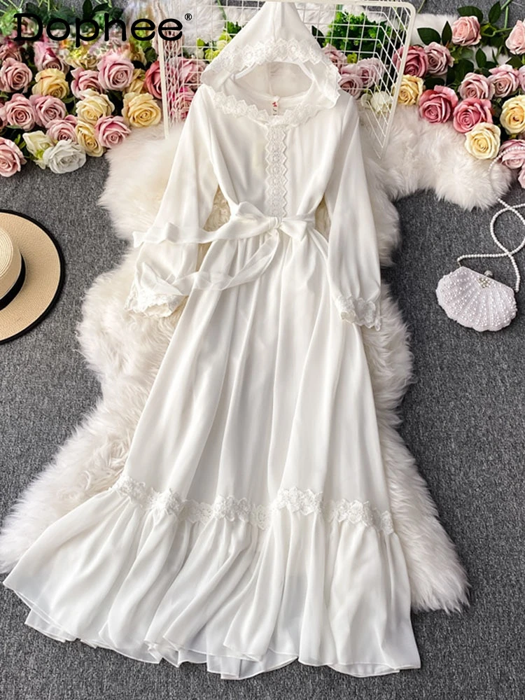 

Women Chiffon Hooded Neck Ruffles Belt Dress Long Sleeve New Arrivals Lady Sexy Fashion Summer Autumn 2022