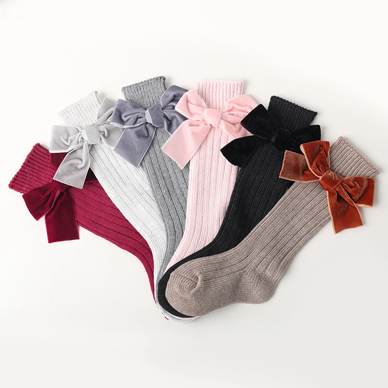 

Baby Girls Boys Knitted Warm Knee High Socks Bowknot Anti-Slip Mid Long Socks Knee High Tube Soft Cotton Long Socks