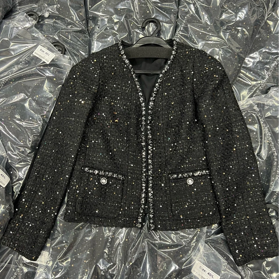 

Black Single Breasted Autumn Winter Weave Tweed Jacket Elegant Ladies Sequins Woolen Jacket Women Tops Manteau Wool Coat Female