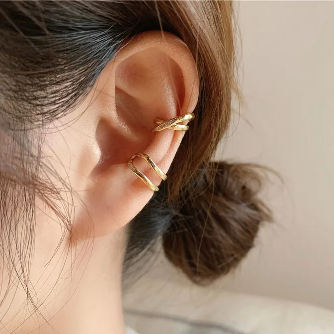 

Small Round Double Layer Cross Metal Gold Crystal Two Pieces Set of Clip on Earrings For Women Elegant Charms Cuff Ear Jewelry