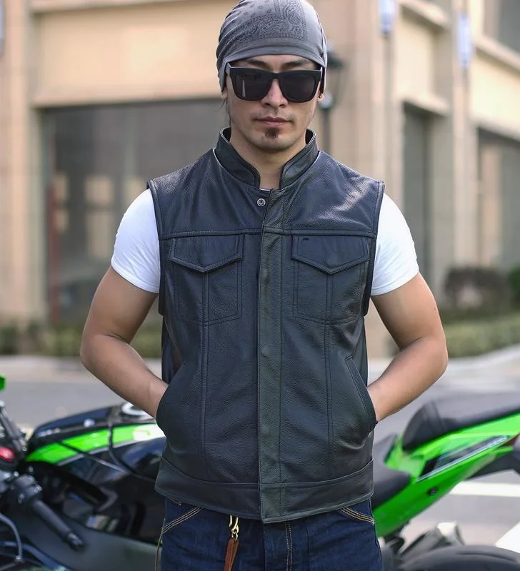 

High Quality Leather Genuine Handmade Motorcycle Men's Vest Stand Collar Single Breasted Cow Biker Rider Vests Thick Strong