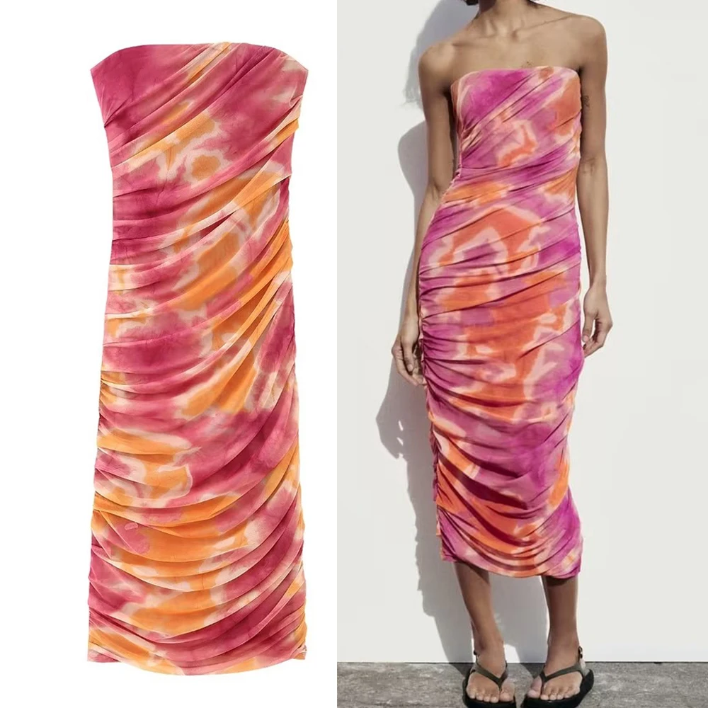 

Zipper Female Dresses Women Fashion Strapless Printed Tulle Ruched Midi Dress Vintage Straight Neck Side Vestidos Mujer