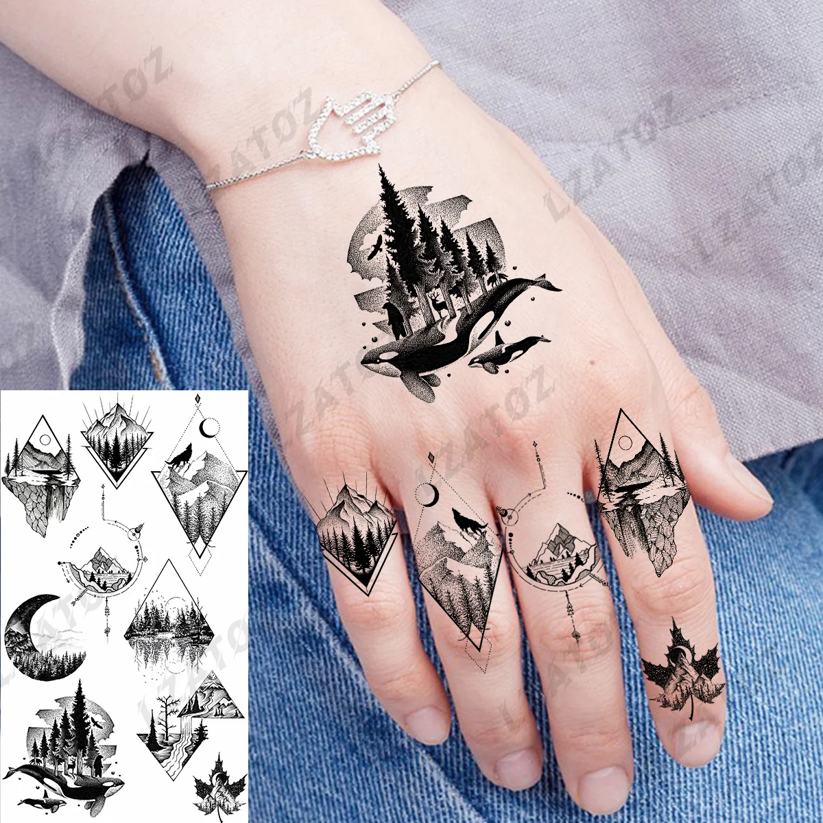 

Geometric Mountains Moon Temporary Tattoos For Woman Adult Moon Shark Tiny Fake Tattoo Sticker Finger DIY Art Small Tatoos Decal