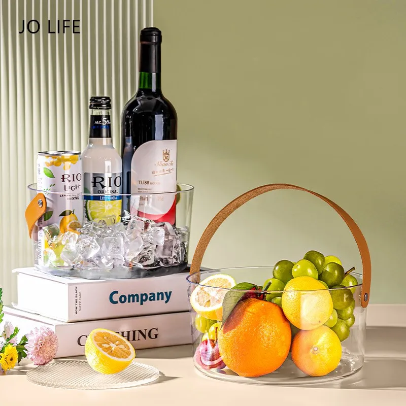 

JO LIFE Ice Bucket With Leather Handle Plastic Bar Nightclub Light Up Champagne Whiskey Beer Bucket Fruit Basket