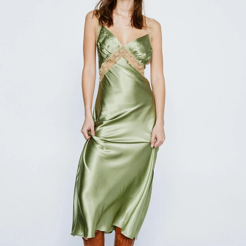 

Summer Women Lace Green Long Dress Sleeveless Slim Fit Halter Dress Fairy Grunge Elegant Chic Evening Dress High Streetwear