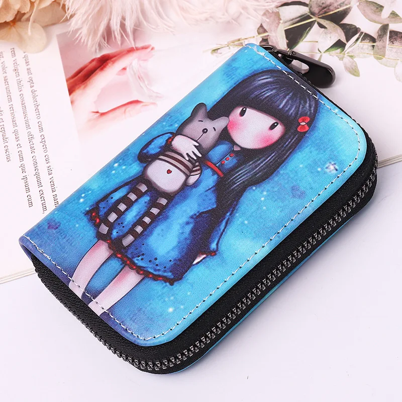 Certificate bag, credit card clip, zipper, zero wallet, cartoon, creative character, printed card bag, large capacity for women