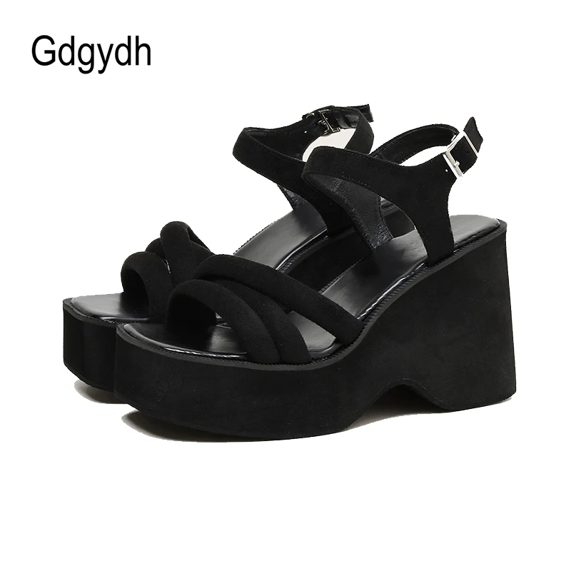 Gdgydh Adjustable Ankle Strap Wedge Sandals for Women Open Toe Platform Heels Black Flock Soft Street Footwear Female Casual