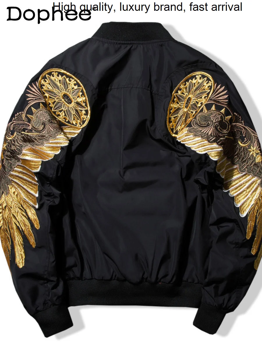 

Japanese Style Harajuku Black Coat Golden Women Men Wings Embroidered Bomber Couple Wear Baseball Uniform Jacket