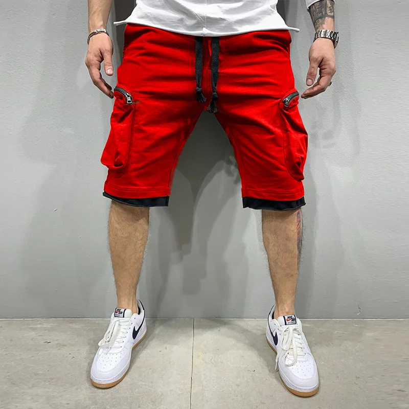 

New Summer Fitness Shorts For Men Multi-Pocket Sport Breathable Casual Hip-Hop Tie Up Solid Color Strt Work Straight Leg Five