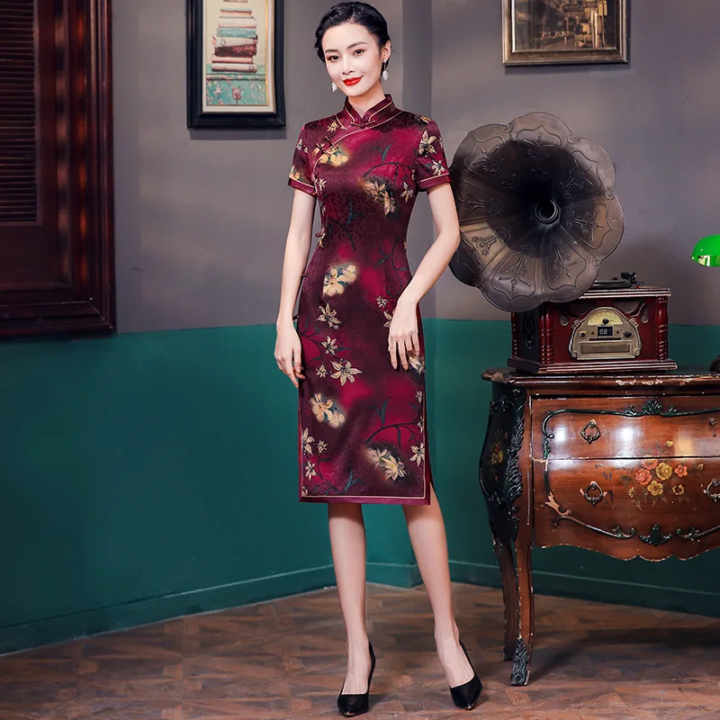 Высокое качество длинное улучшенное азартное марлевое платье Cheongsam Qipao с принтом