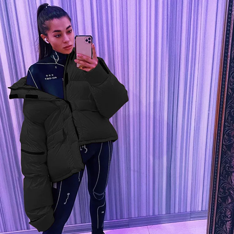 Thick Warm Women Solid Bubble Coat Stand Collar Padded Jacket Long Sleeve Winter Parkas Casual Outwear Puffer Jacket streetwear