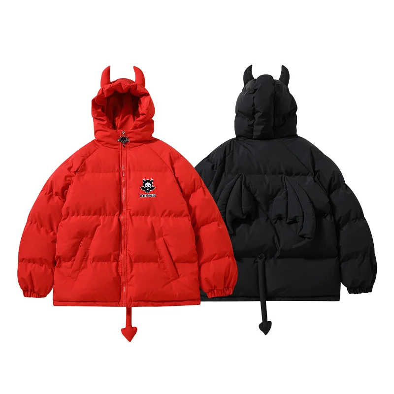 Emo Winter Men Streetwear Harajuku Korean Jackets Parkas Zipper Jacket Devil Horn Hoodie Warm Ladies Down Coats Alt Clothes