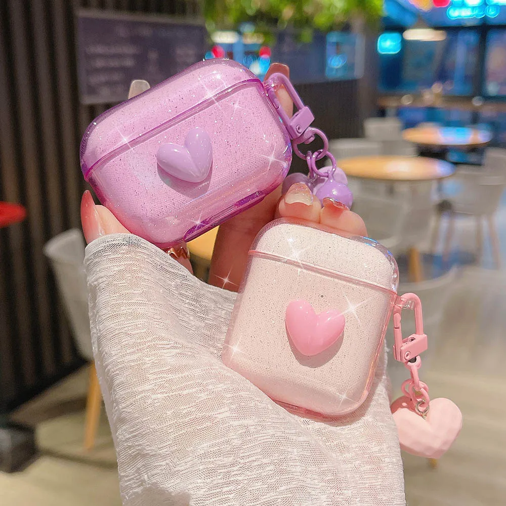 

Блестящий Прозрачный чехол с 3D сердечком, брелок для Airpods 3 2021 Pro 2 1, беспроводной Bluetooth-наушник, зарядная коробка, мягкий бампер
