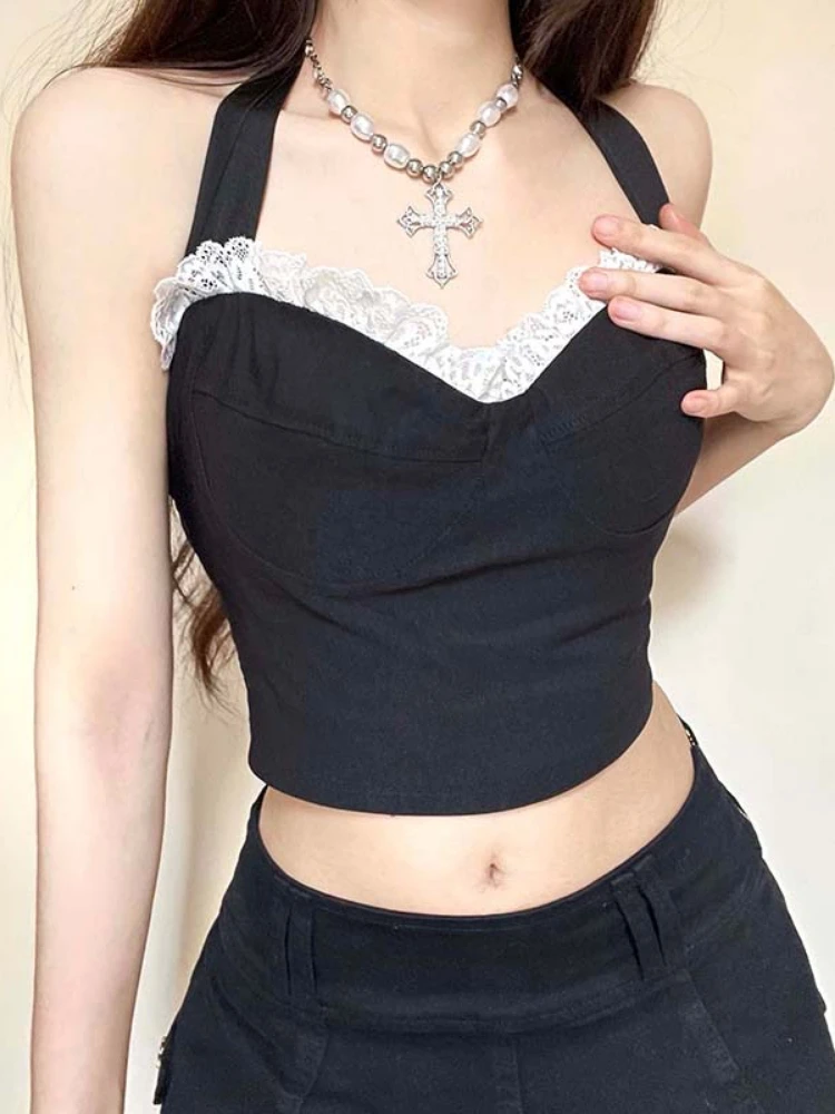 

Sunny Y.j.Backless Sexy Black Goth Halter Tops Women Lace Trim Cute Y2K Clothes Contrast Bandage Slim Cropped Corset Tanks Camis