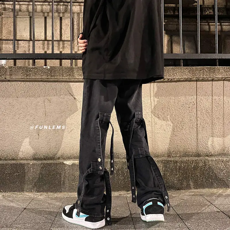 Men's Streetwear Fashion Gothic Trousers Male Goth Denim Pants Patchwork Low Rise Waist Jean Hip Hop Ribbons Jeans Alt Clothes