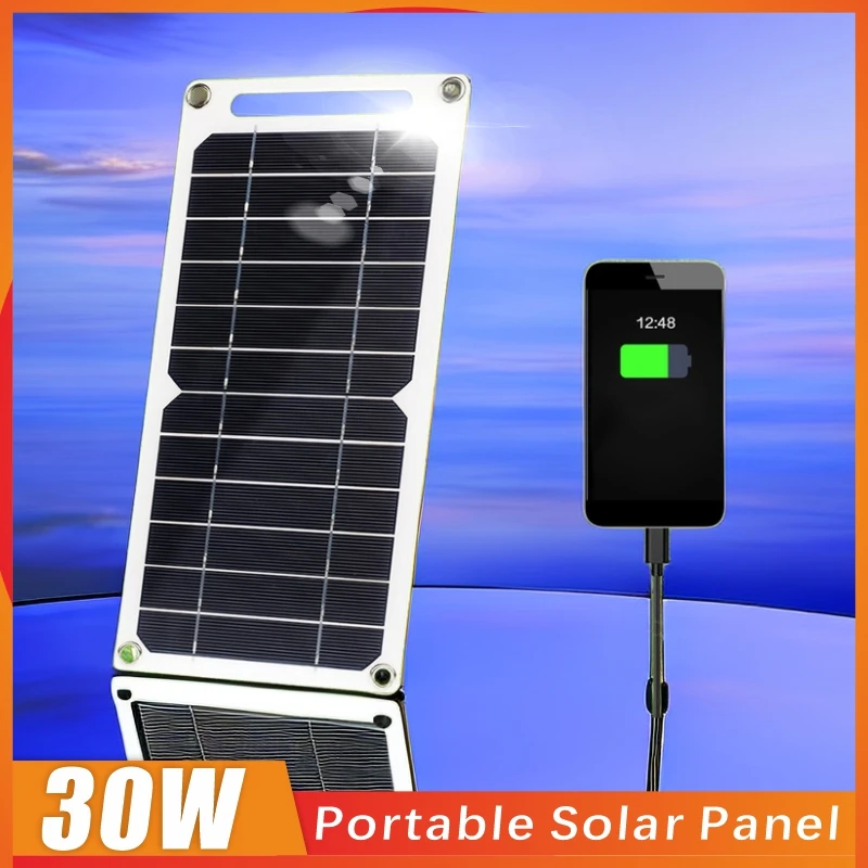 

30W Solar Panel With USB Waterproof Outdoor Hiking And Camping Portable Battery Mobile Phone Charging Bank Charging Panel 6.8V