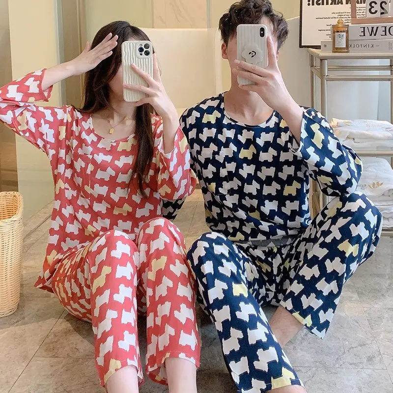 

1 Age season cotton silk lovers pajamas for men and women long sleeve cotton thin summer suit leisurewear loose big yards