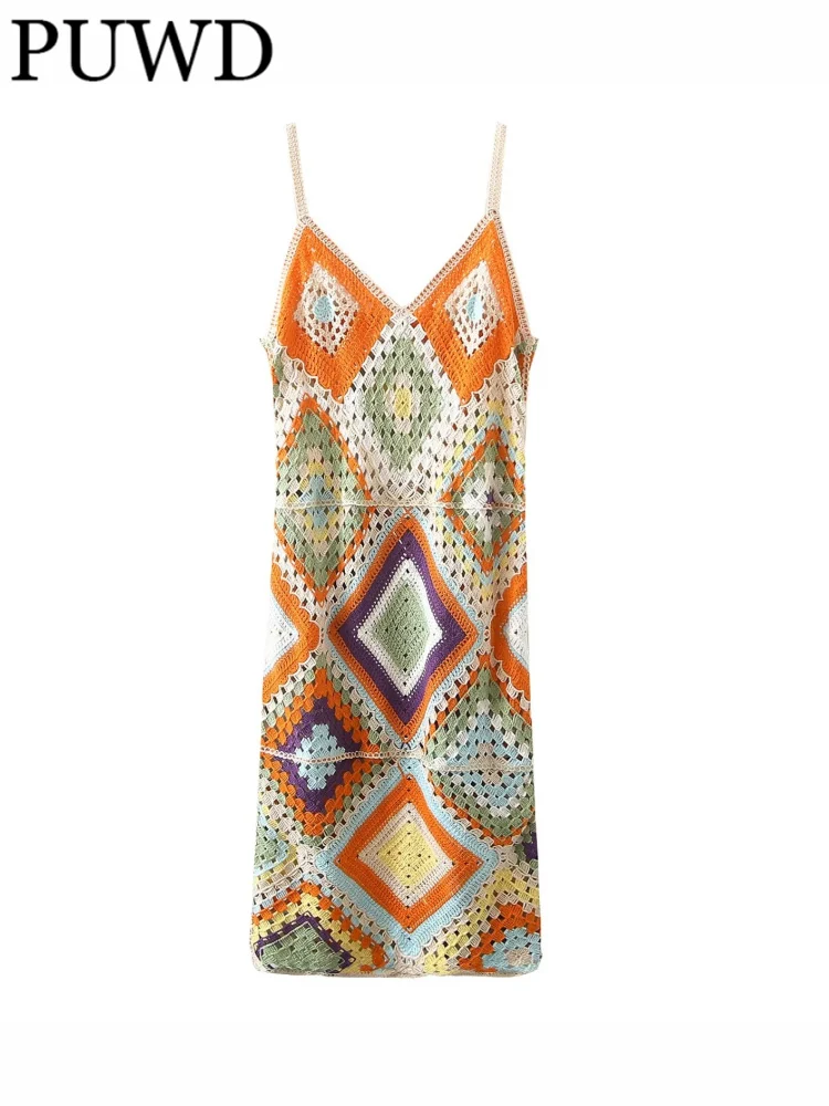 

PUWD Casual WomenBohemian Style Hook Flower Suspender Dress 2022 Summer Fashion Ladies Casual Female Hollow Out Dress