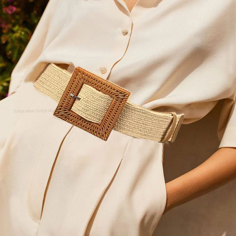 New PP Woven Elastic Corset Belt For Women Designer Round Square Buckle Waist Strap Female Dress Skirt Coat Decorative Girdle