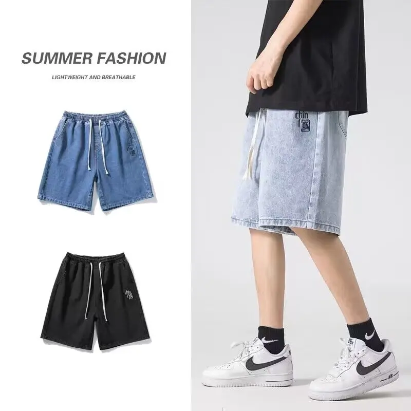 

Summer Men's Elastic Waist Denim Shorts Loose Straight Casual Short Jeans Embroidered Korean Fashion Overalls Male