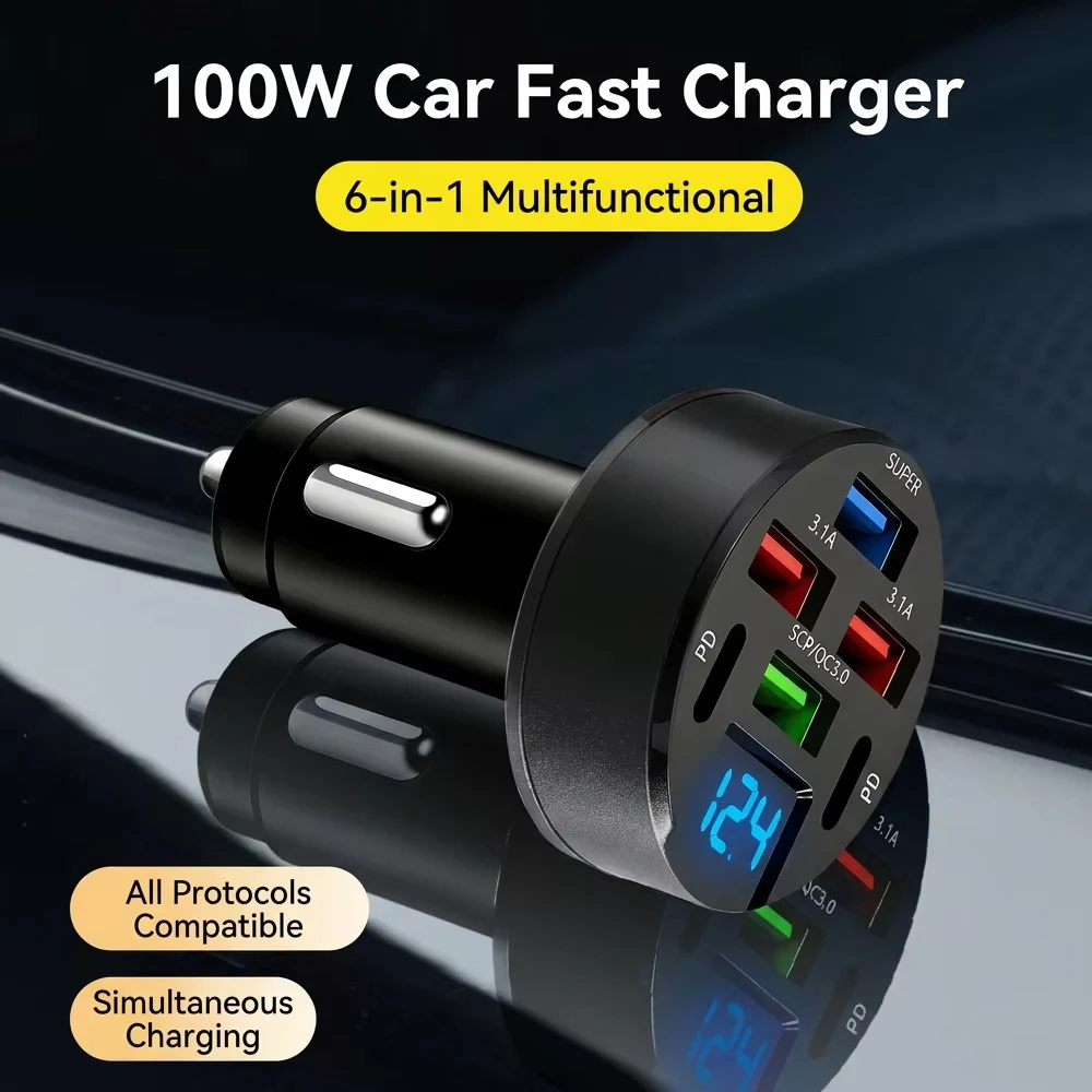 Фото Многопортовое автомобильное зарядное устройство USB-C 12В/24В с дисплеем напряжения в реальном времени, сверхбыстрый адаптер для зарядки iPhone, Samsung, планшетов, iPad №1