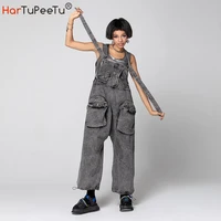 jumpsuit women 2022 autumn winter denim rompers loose hip hop streetwear stylish gray jeans drawstring cargo pants with straps