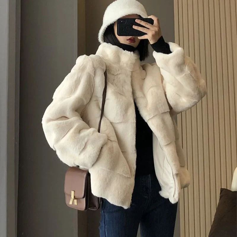 Autumn Winter Warm Stand Collar Faux Fur Jeacket Women Long Sleeve Plush Short Coat Woman Zipper Coats Ladies