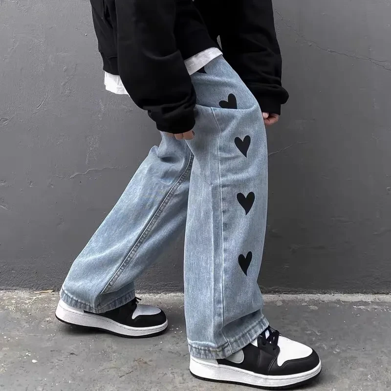 Autumn Winter Vintage Heart Shape Printing Jeans Wide Leg Pants Women Korean Loose Straight Denim Pants Fashion Trousers Unisex