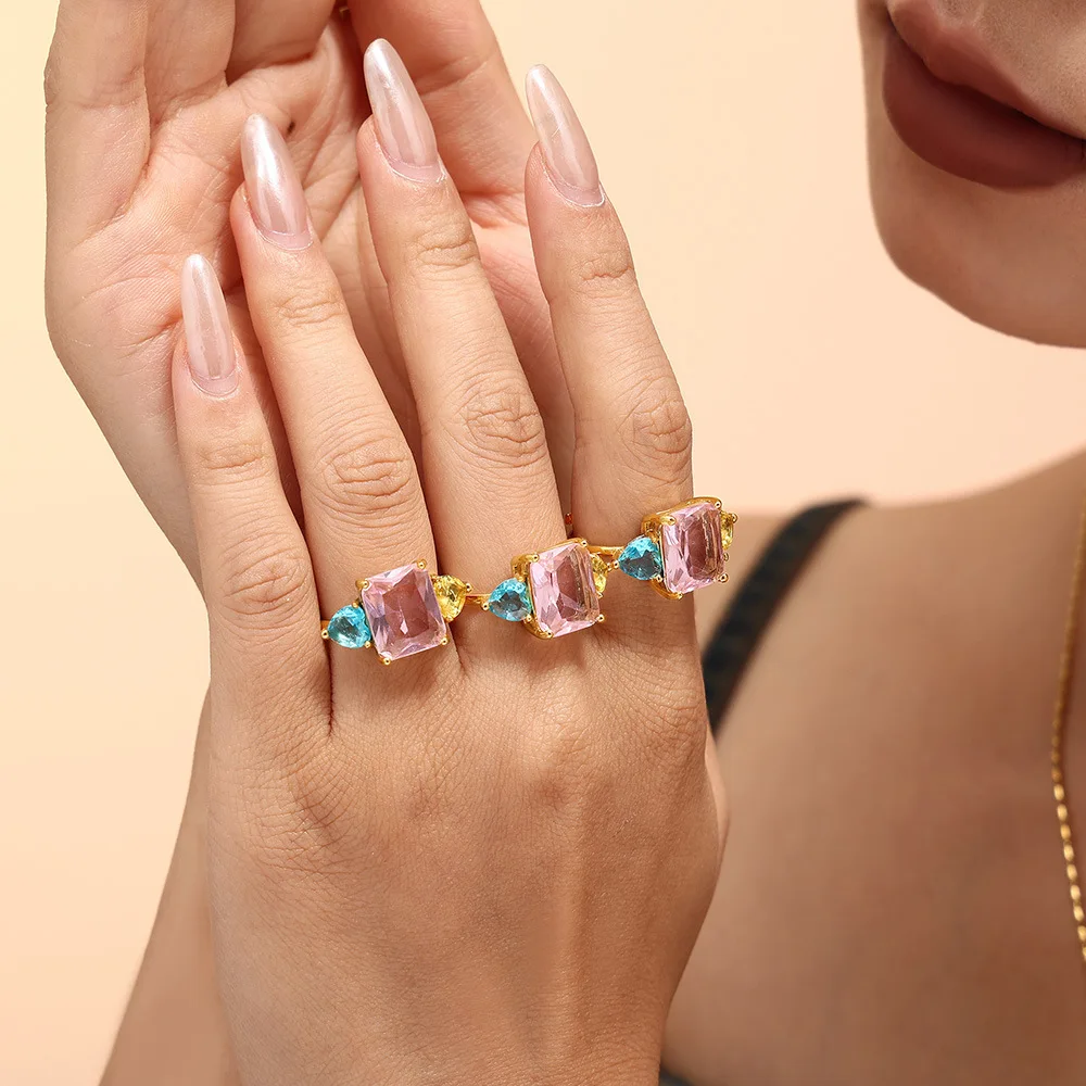 Женское позолоченное кольцо из нержавеющей стали с цирконом