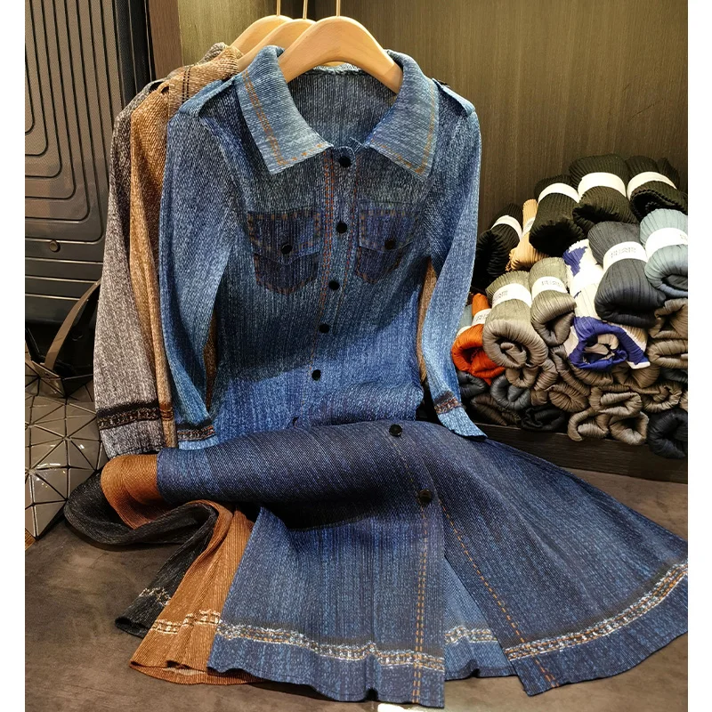 

Miyake High-end Faux Denim Pleated Dress Female Fall New Temperament Lapel Long-sleeved Single-breasted Shirt Dress Plus Size