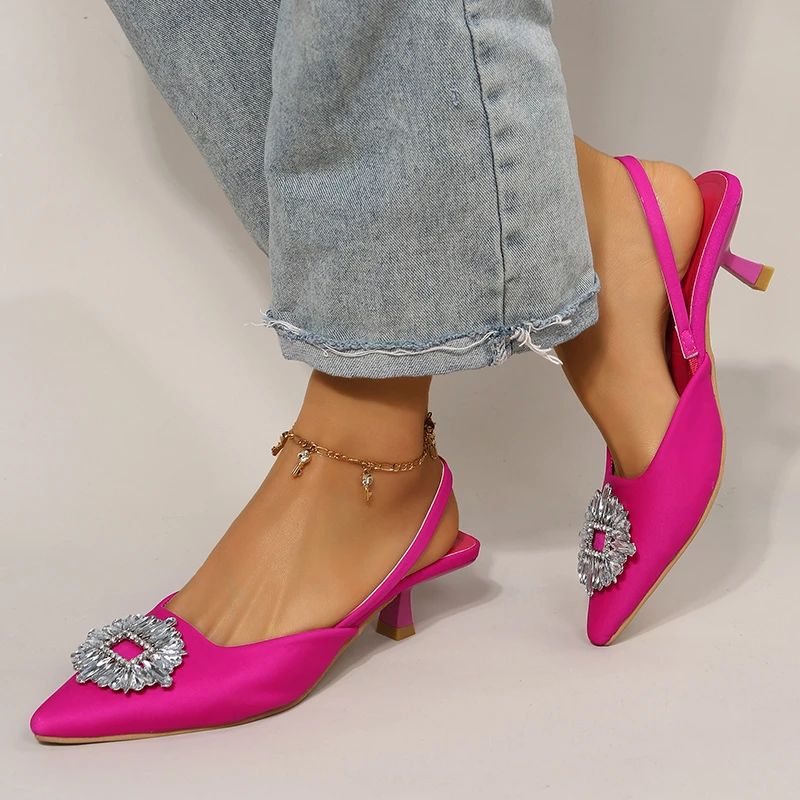 

Новинка 2023, женские туфли на низком каблуке, модные сандалии с острым носком для женщин, туфли с мелкими стразами, женские туфли-лодочки