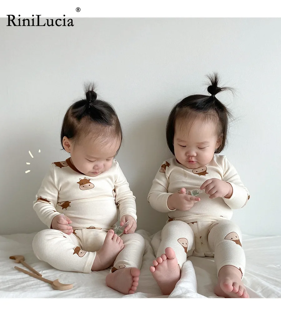 

RiniLucia 2022 Spring New Baby Cotton Clothes Set Boys Girls Cow Print Pajamas Set Soft Breathable Children Sleepwear 2pcs Suit