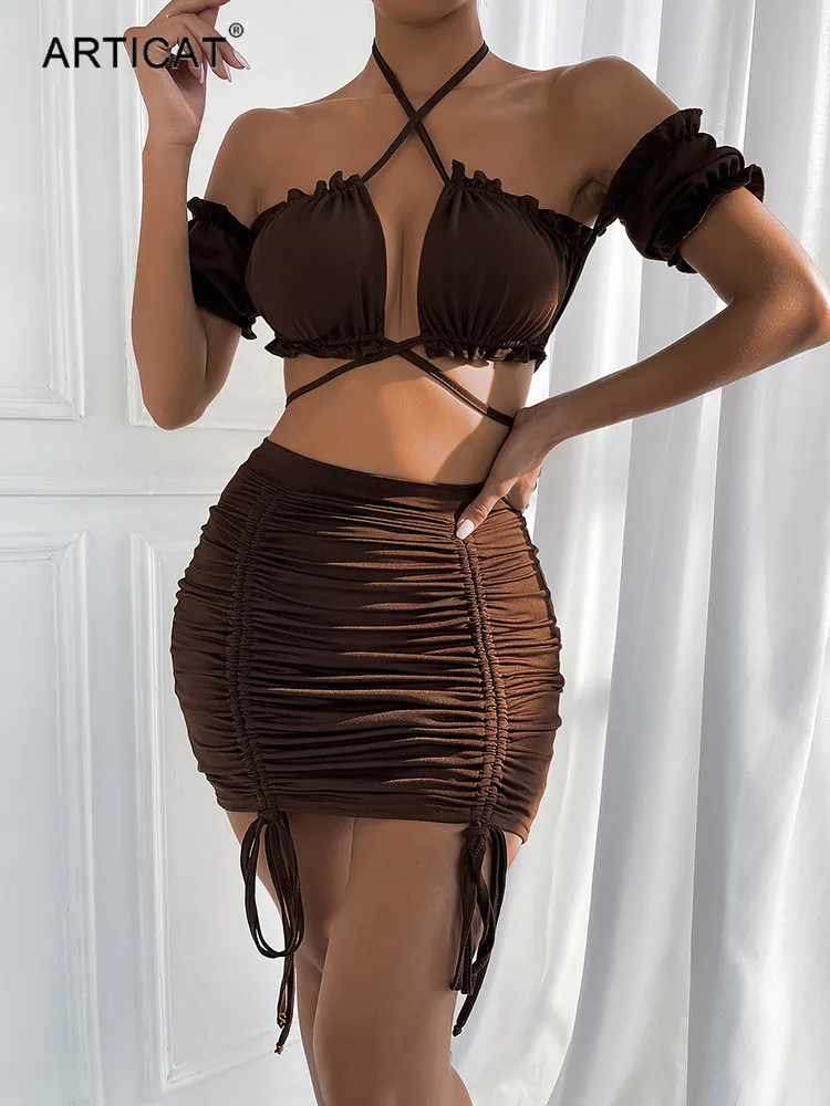 

Articat Hollow Out Pleated Bandage Skirts Sexy Two Piece Set Ladies Holiday Outfits Short Sleeve Backless Cross Collar Tank Tops